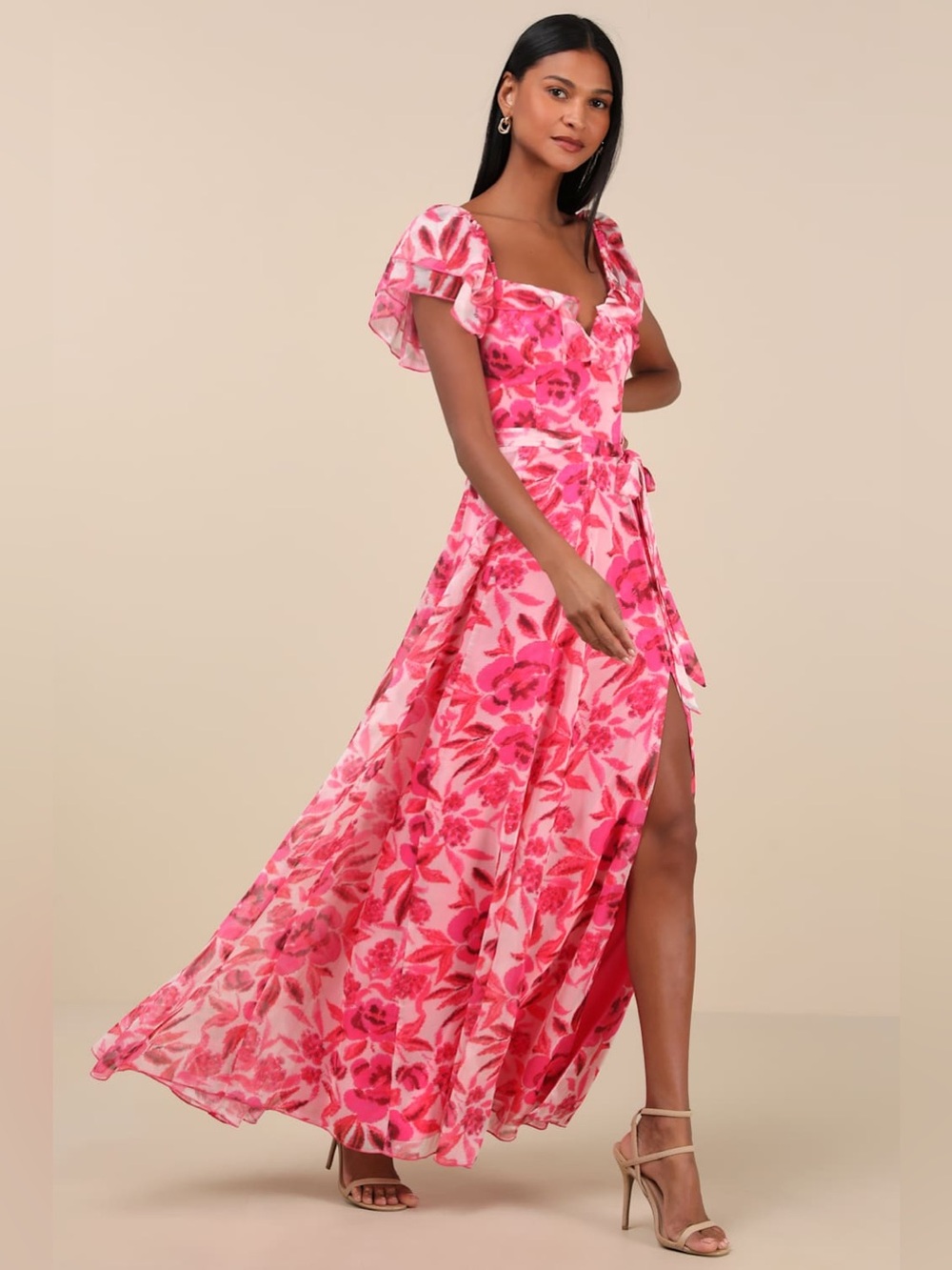Lulus Sensationally Sweeter Bright Pink Floral Ruffled Maxi Dress Size Medium - Picture 2 of 13